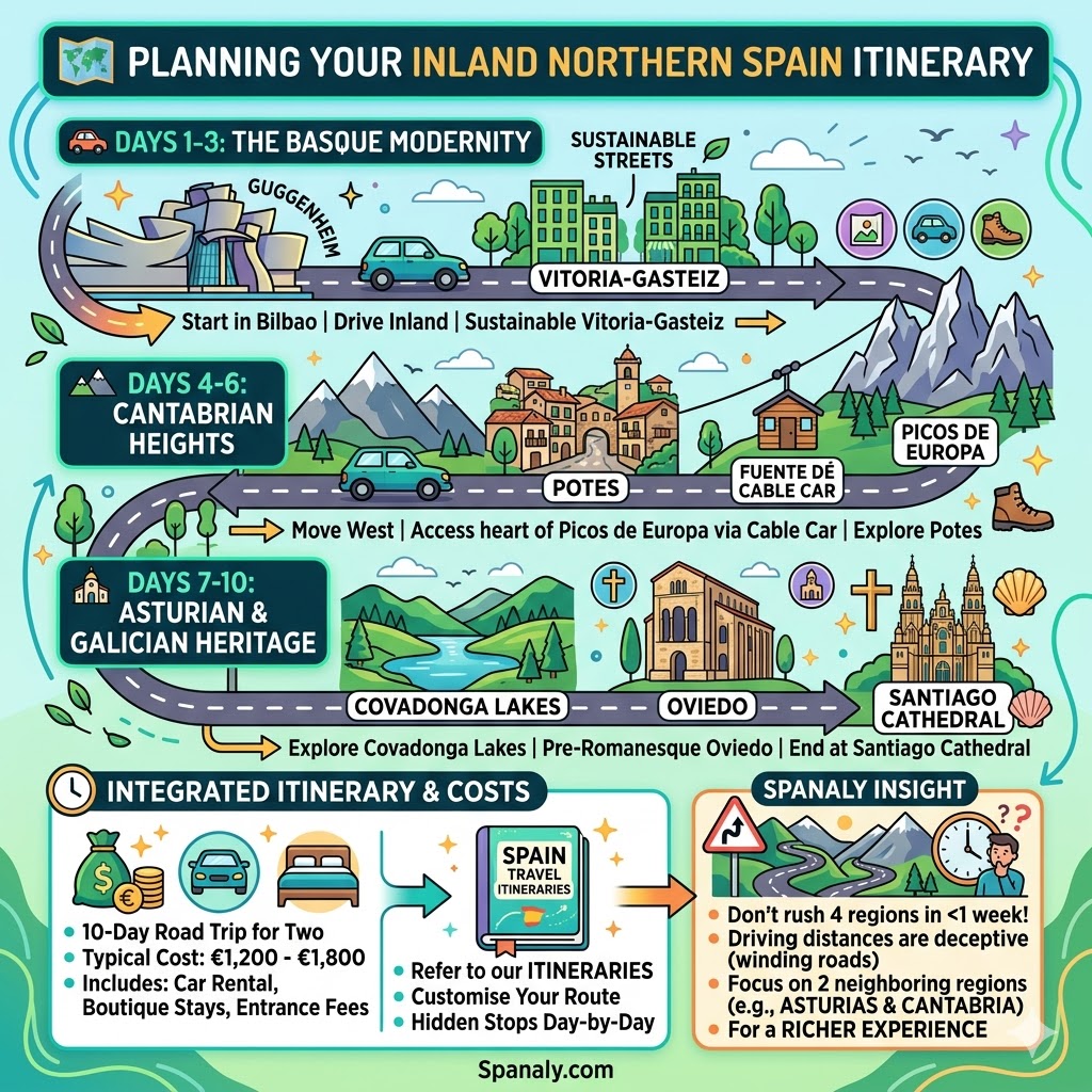 SEO infographic for a 10-day Northern Spain itinerary, covering Bilbao and Vitoria-Gasteiz, Potes and Picos de Europa, Covadonga Lakes, Oviedo, and finishing at Santiago Cathedral by Spanaly.com