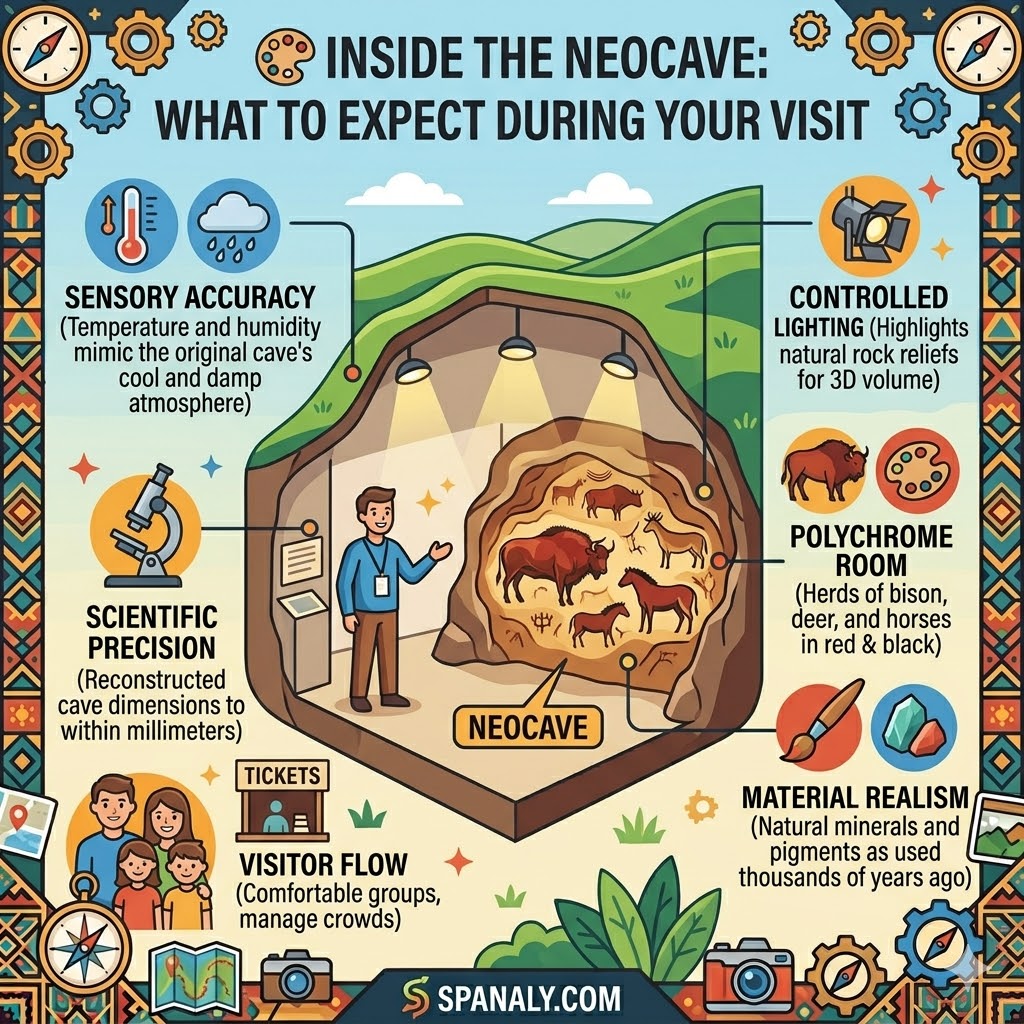 A colorful infographic illustrating what to expect during a visit to the Altamira Neocave, detailing art, lighting, and logistical technical facts.