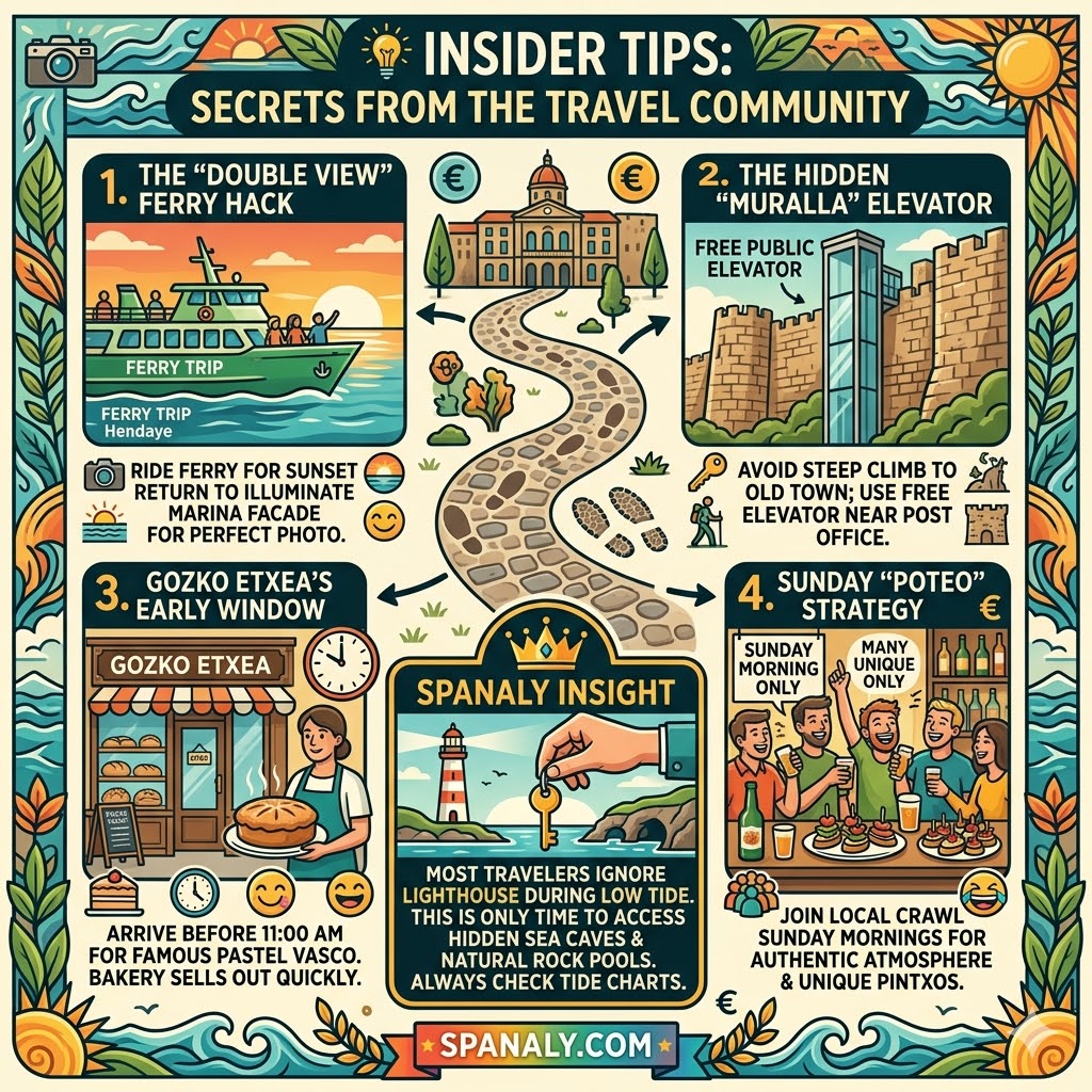 An expert 1024x1024 infographic sharing insider travel tips for Hondarribia, featuring the ferry photography hack, the hidden Muralla elevator, Gozko Etxea bakery advice, and Sunday Poteo strategies. Includes a Spanaly Insight on low tide sea caves at the lighthouse and the Spanaly.com logo.