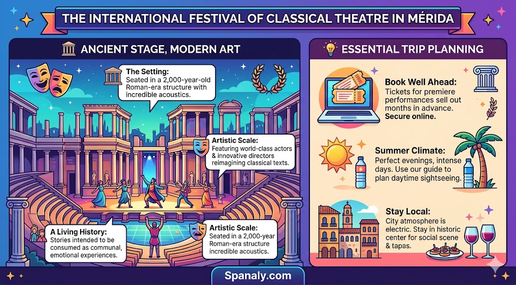 Infographic highlighting the International Festival of Classical Theatre in Mérida, featuring the Roman theater setting, artistic performance highlights, and essential visitor planning tips.
