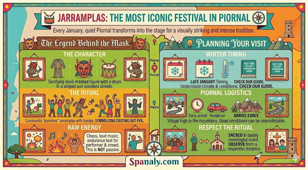Infographic guide explaining the Jarramplas festival in Piornal, featuring the legend behind the devil-masked character, the turnip-throwing ritual, and essential planning tips for visitors.