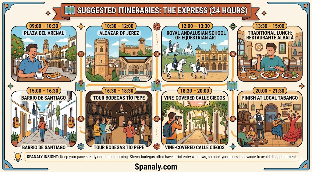 A colorful infographic itinerary for a 24-hour trip to Jerez de la Frontera, featuring hourly activities from morning coffee at Plaza del Arenal to evening flamenco in a local Tabanco.
