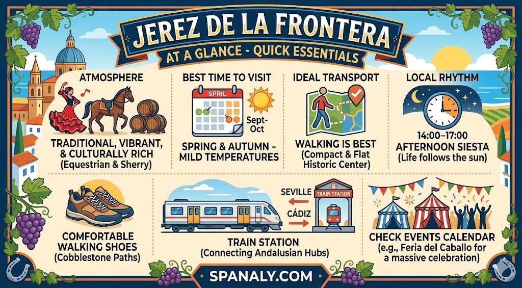 An informative infographic highlighting Jerez de la Frontera travel essentials, including best time to visit, transportation tips, and cultural experiences.