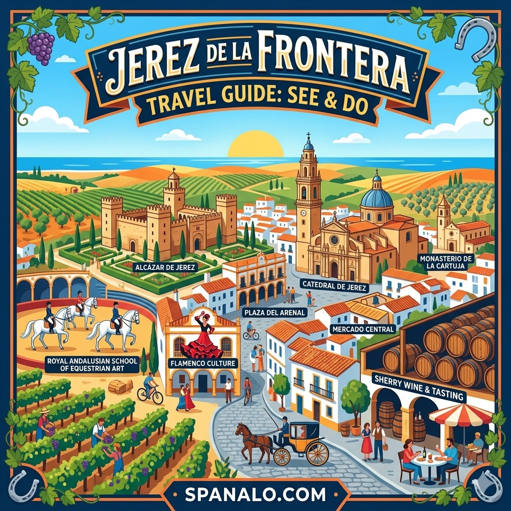 An artistic illustration of Jerez de la Frontera travel guide showcasing sherry wine, flamenco, and historic architecture in a vibrant vector style.