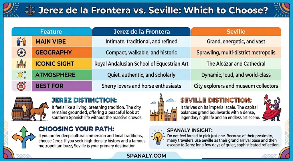 A comparison infographic highlighting the travel differences between Jerez de la Frontera and Seville, helping tourists choose their ideal Andalusian destination.