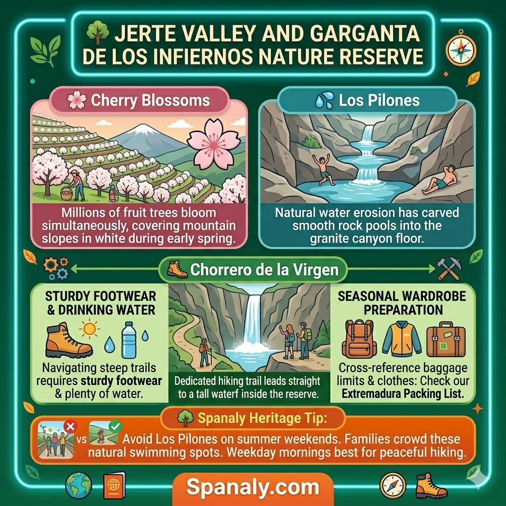 Jerte Valley infographic showing early spring cherry blossoms Los Pilones rock pools and Chorrero de la Virgen waterfall trails
