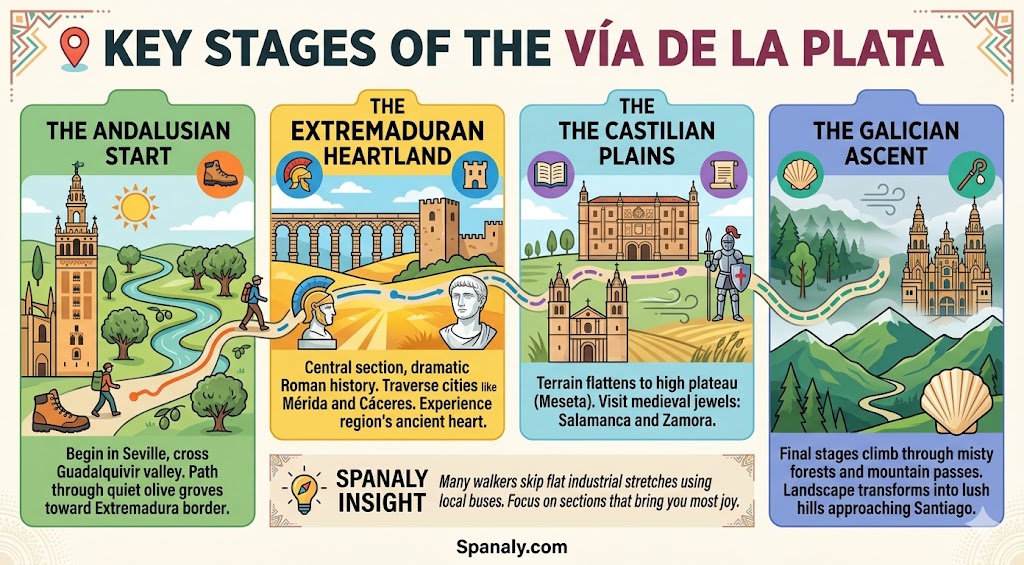 A colorful infographic displaying the key stages of the Vía de la Plata walking route, from the Andalusian start in Seville to the Galician ascent toward Santiago de Compostela.