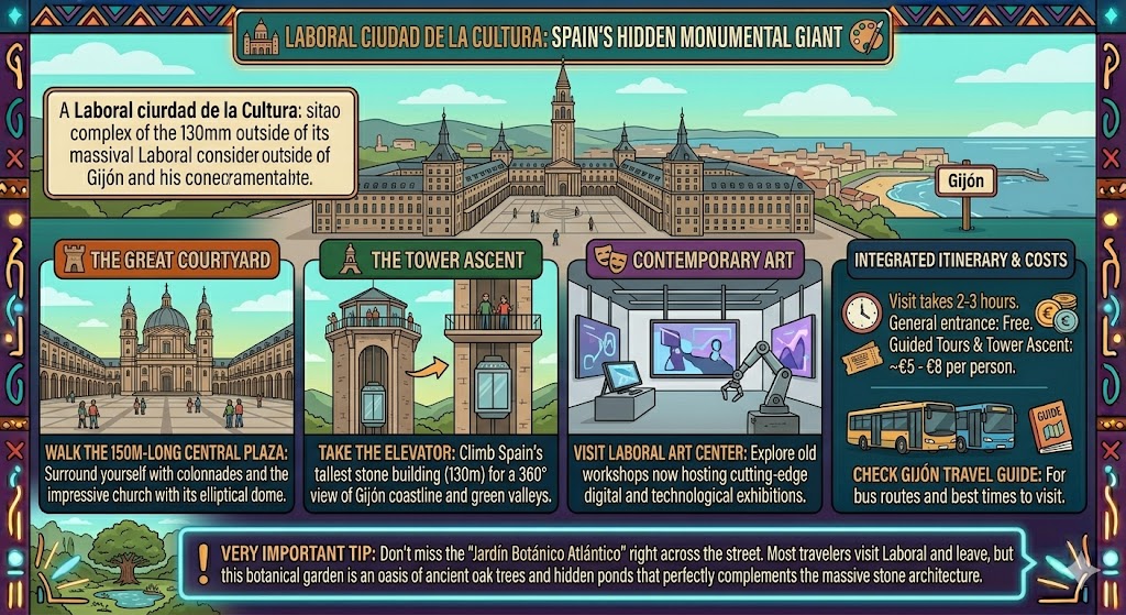 Infographic of Laboral Ciudad de la Cultura in Gijon showing the great courtyard, stone tower views, contemporary art center, and visitor costs.
