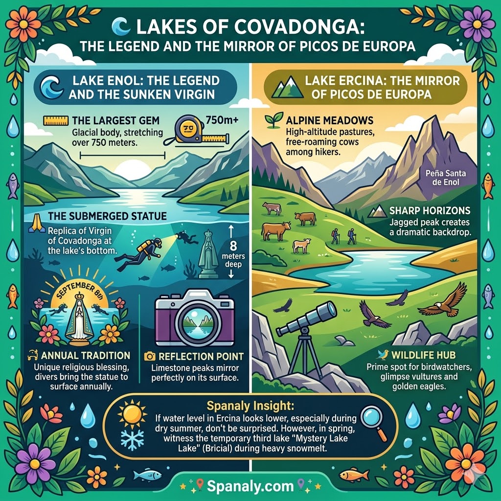 Infographic of Lake Enol and Lake Ercina in Covadonga showing the sunken Virgin statue and Picos de Europa peaks.