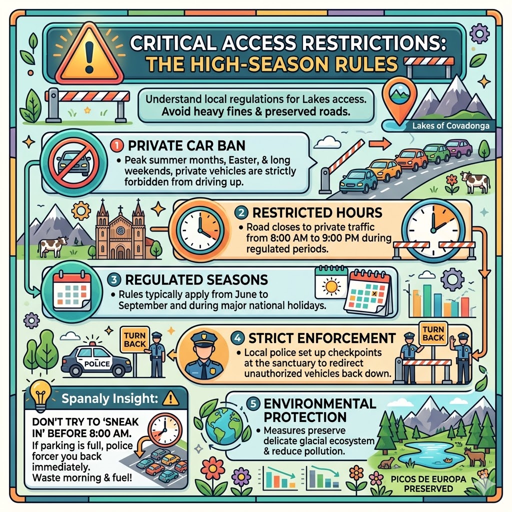 Infographic explaining critical access restrictions and private car bans for Lakes of Covadonga during high season in Asturias Spain.