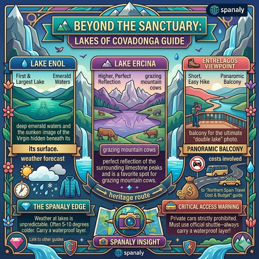 Infographic guide to the Lakes of Covadonga in Asturias featuring Lake Enol, Lake Ercina, Entrelagos viewpoint, and access warnings.