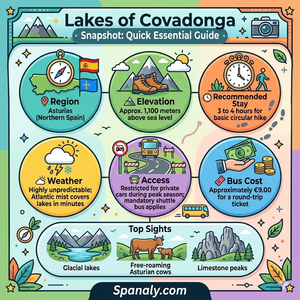 Infographic showing quick facts about Lakes of Covadonga including elevation, bus costs, and hiking duration in Asturias.