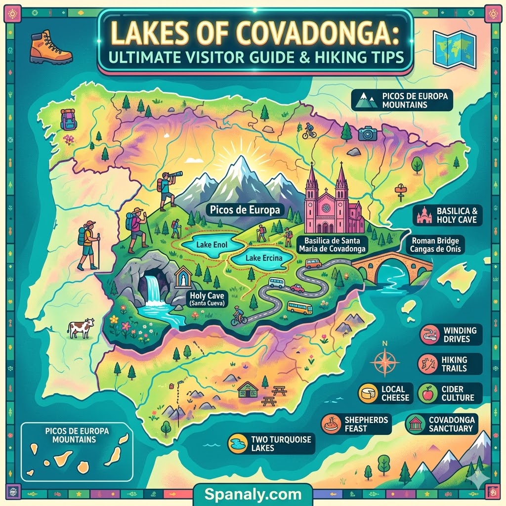 Epic infographic map of Lakes of Covadonga and Picos de Europa featuring Lake Enol, Ercina, and the Sanctuary.