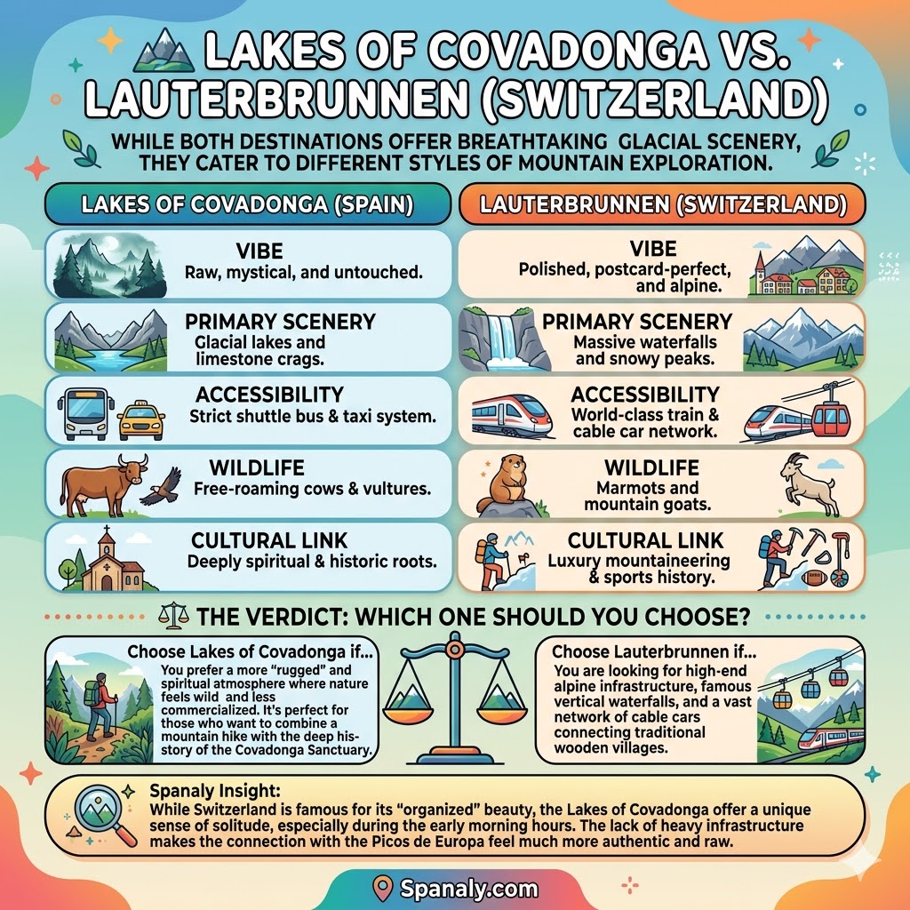 Comparison infographic between Lakes of Covadonga Spain and Lauterbrunnen Switzerland showing differences in scenery and accessibility.