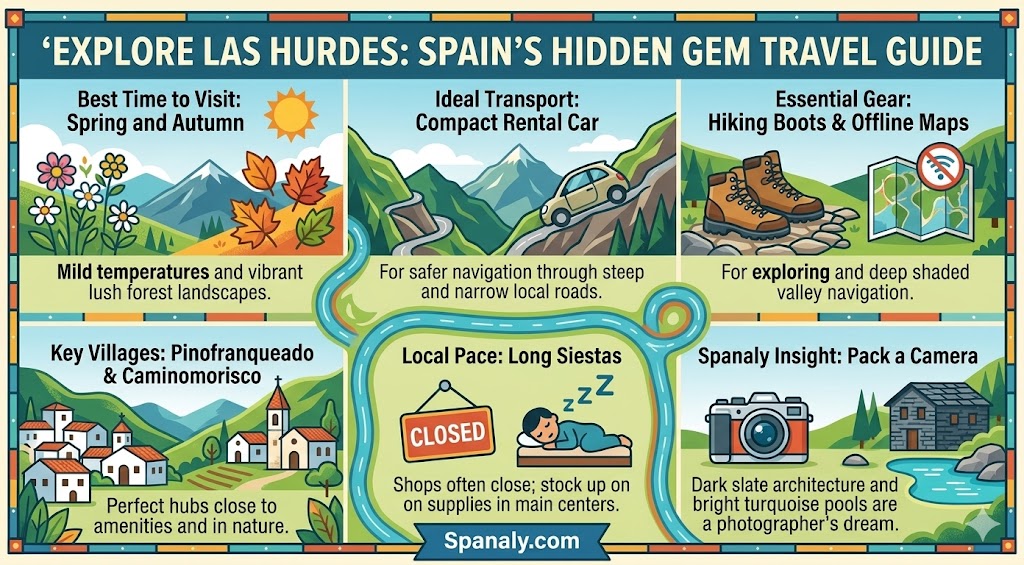 An infographic guide featuring essential travel tips for Las Hurdes, Spain, including best time to visit, transport advice, and photography insights.
