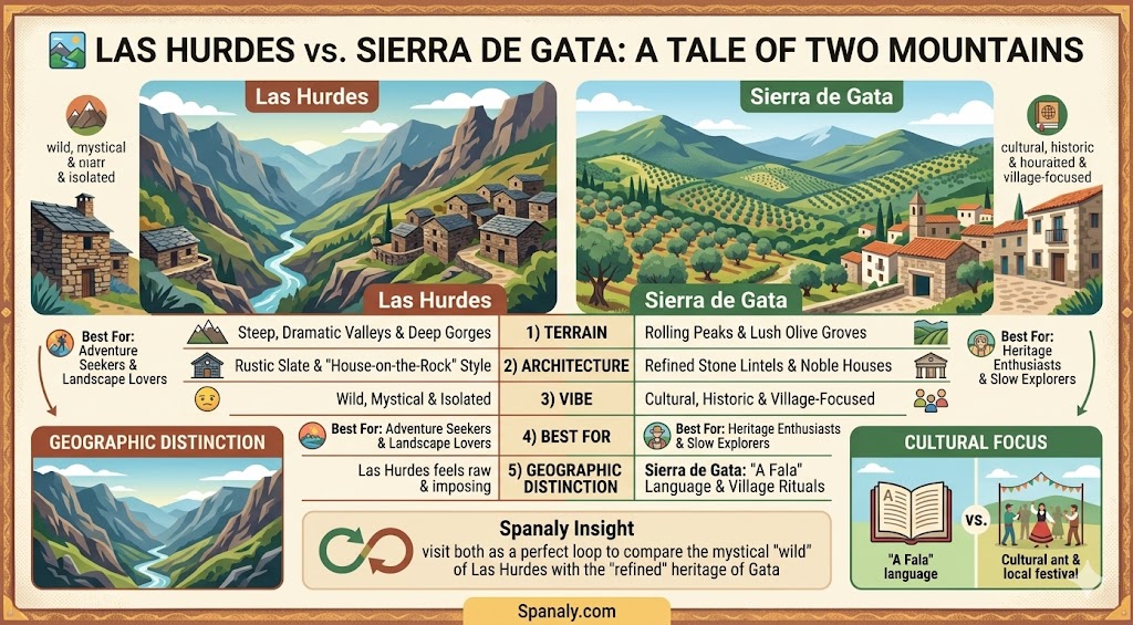 A comparative infographic guide highlighting the key differences between Las Hurdes and Sierra de Gata in Spain, helping travelers choose their ideal destination.
