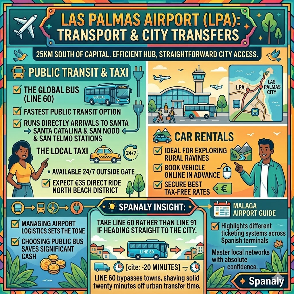 Infographic detailing transport options from Las Palmas Airport to the city center including Global Bus Line 60, taxis, and car rentals.