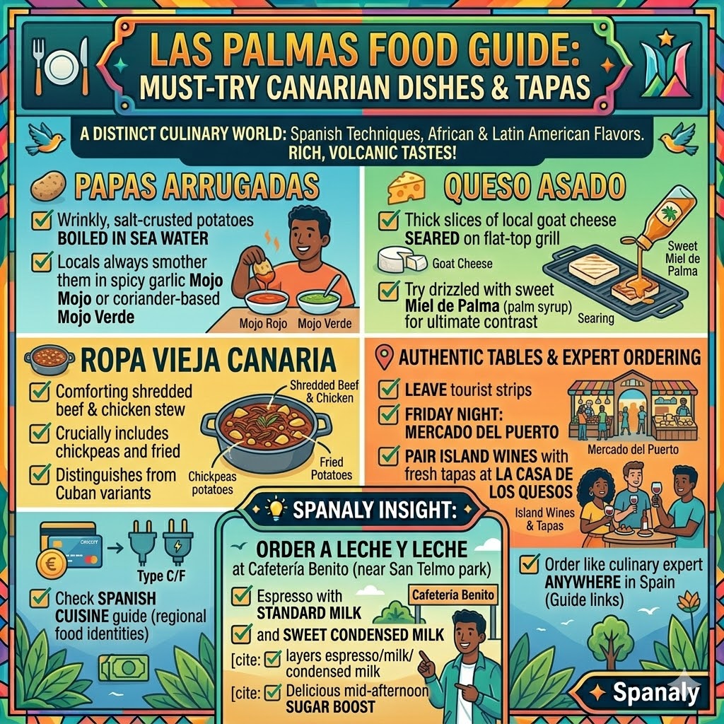 Infographic food guide for Las Palmas detailing traditional Canarian dishes like Papas Arrugadas, Queso Asado, and Ropa Vieja.
