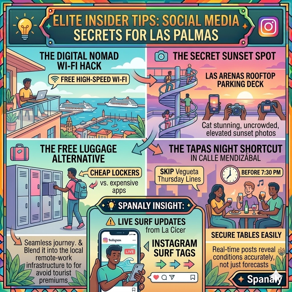 Infographic featuring Las Palmas insider tips for digital nomads and travelers including free Wi-Fi spots, secret sunset locations, and luggage storage hacks.