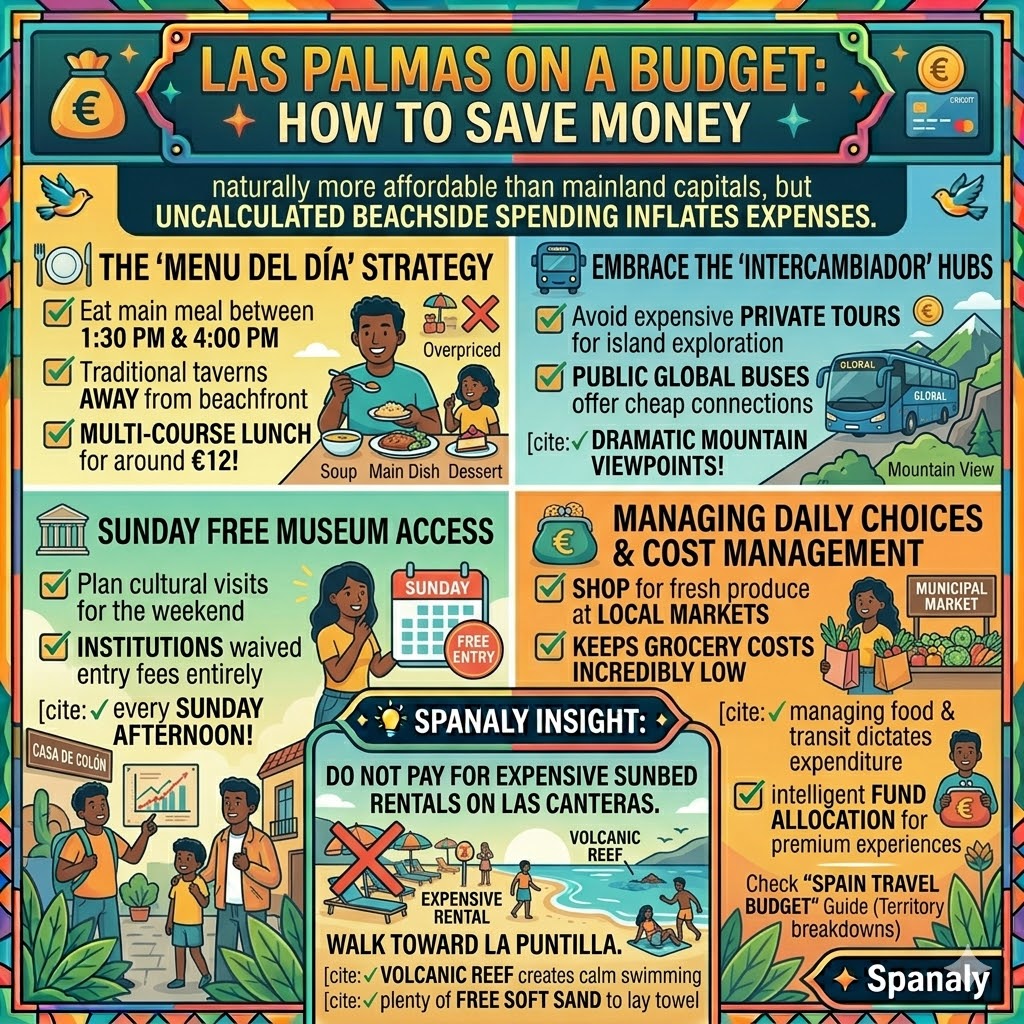 Infographic showing money-saving tips for Las Palmas including Menu del Dia, free Sunday museums, and public transport hubs.