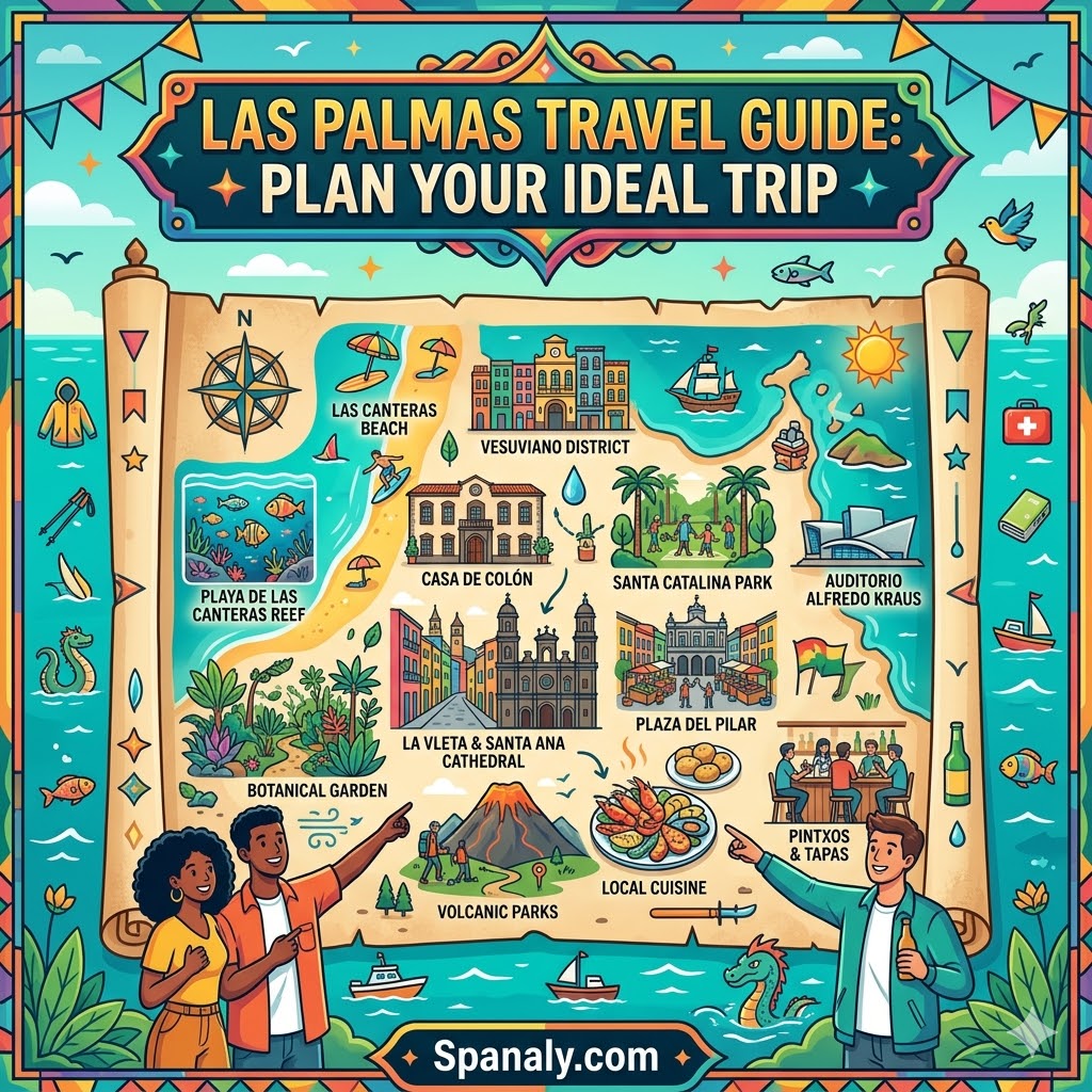 An epic illustrated travel guide map for Las Palmas featuring top attractions like Las Canteras beach and Vegueta district.