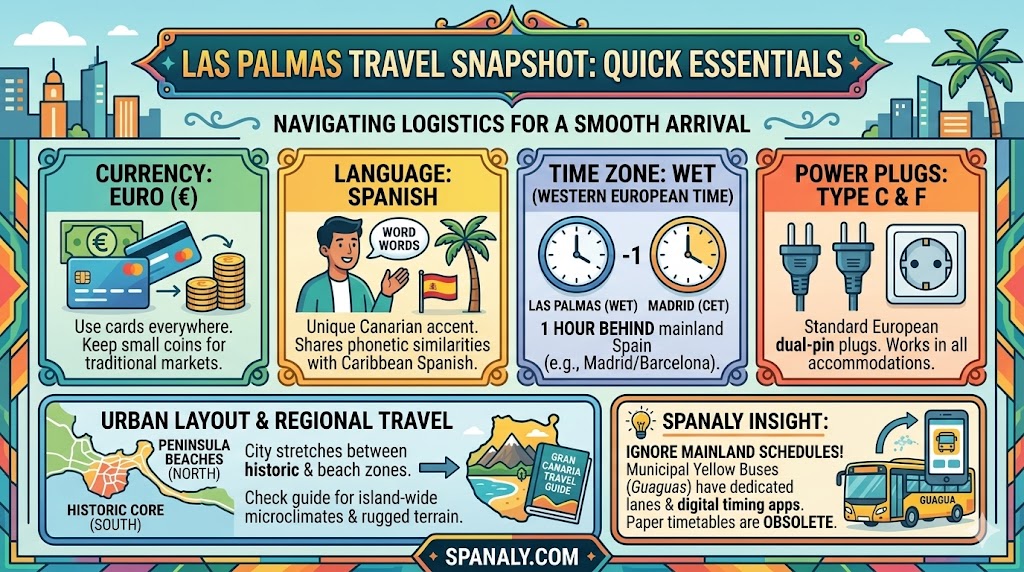 Infographic detailing Las Palmas travel essentials including Euro currency, Canarian Spanish language, Western European Time zone, and local transit tips.