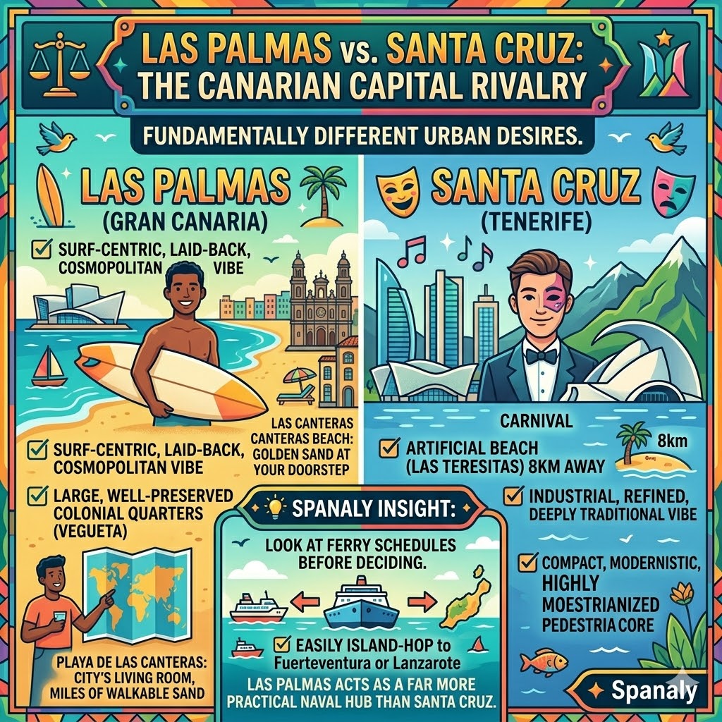 Infographic comparison table between Las Palmas and Santa Cruz de Tenerife highlighting beaches, urban vibes, and ferry connections.