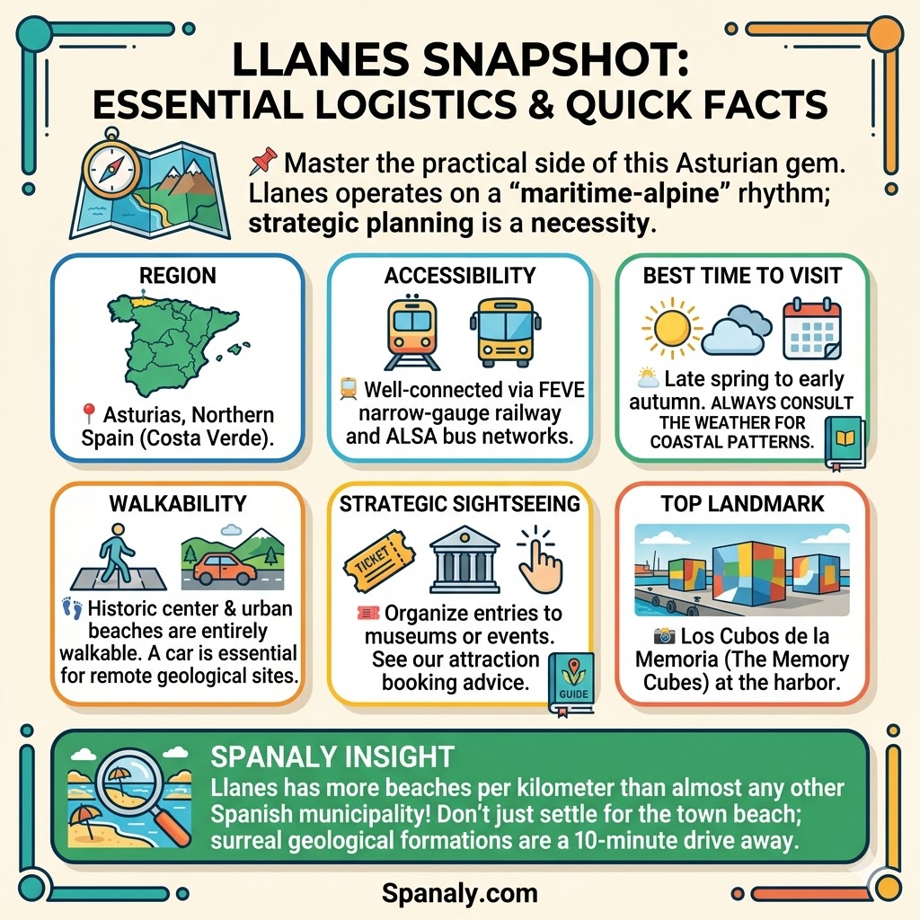 Infographic guide to Llanes Asturias logistics featuring travel facts, map of Spain, and Los Cubos de la Memoria.