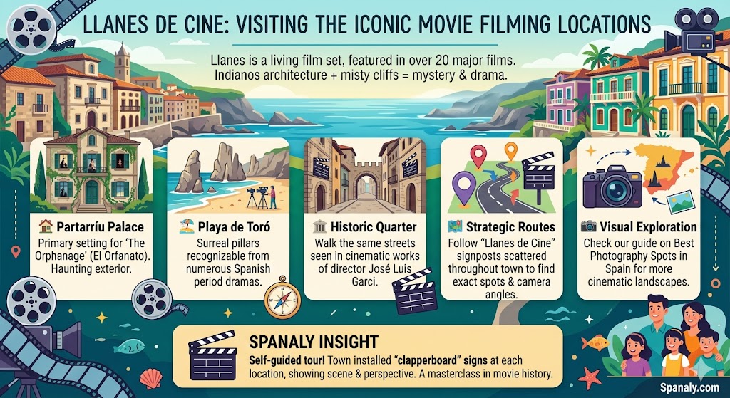 Infographic guide to Llanes de Cine movie locations including Partarríu Palace from The Orphanage, Playa de Toro, and historic filming sites in Asturias.