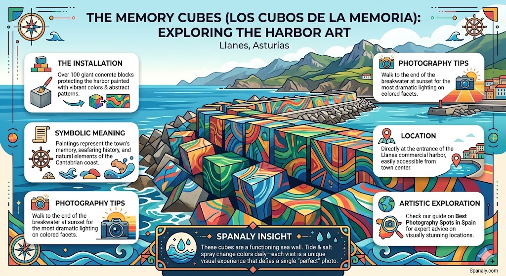 Infographic guide to 'Los Cubos de la Memoria' harbor art in Llanes Asturias featuring colorful painted concrete blocks by Agustín Ibarrola and photography tips.