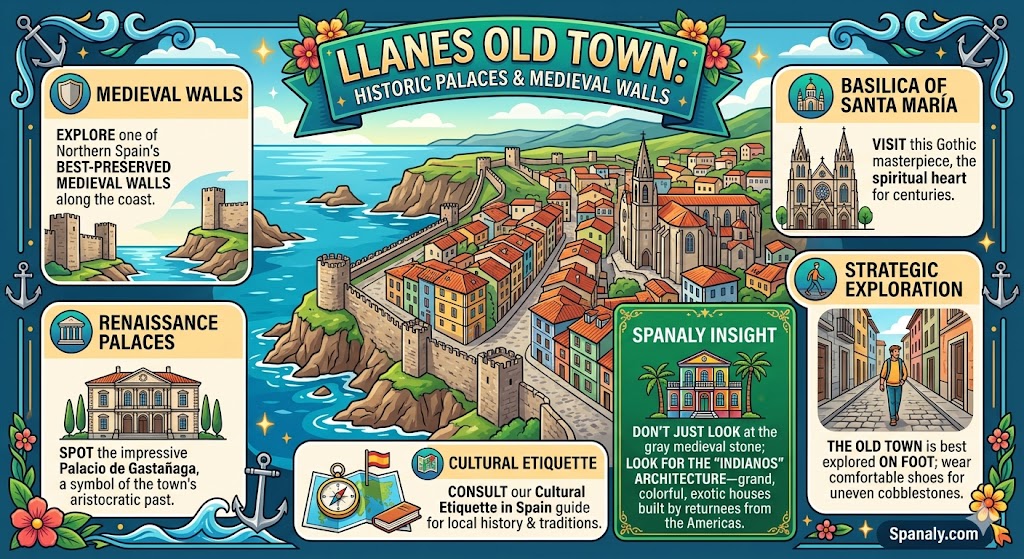 Infographic guide to Llanes Old Town featuring medieval walls, Renaissance palaces, Basilica of Santa Maria, and Indianos architecture in Asturias.
