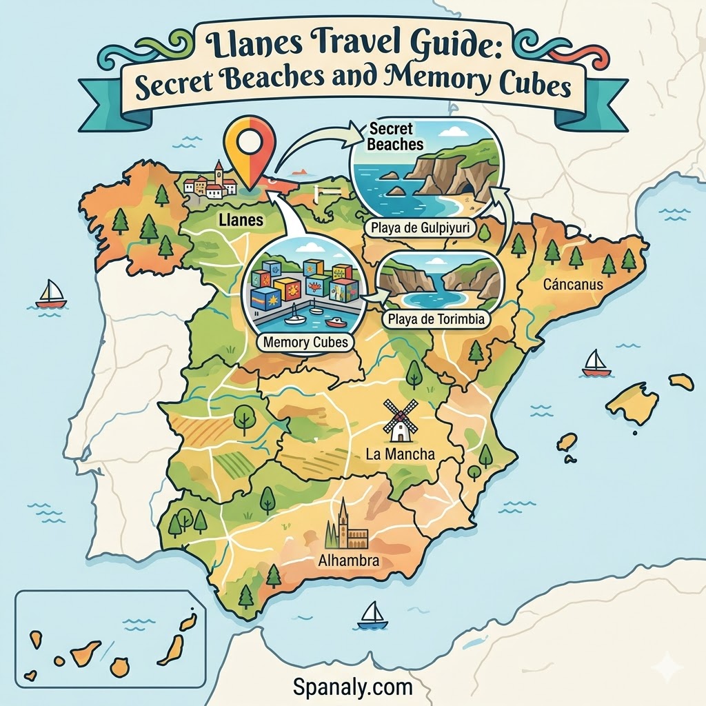 Illustrated map of Spain highlighting Llanes with icons for secret beaches like Gulpiyuri and the famous Memory Cubes art installation.