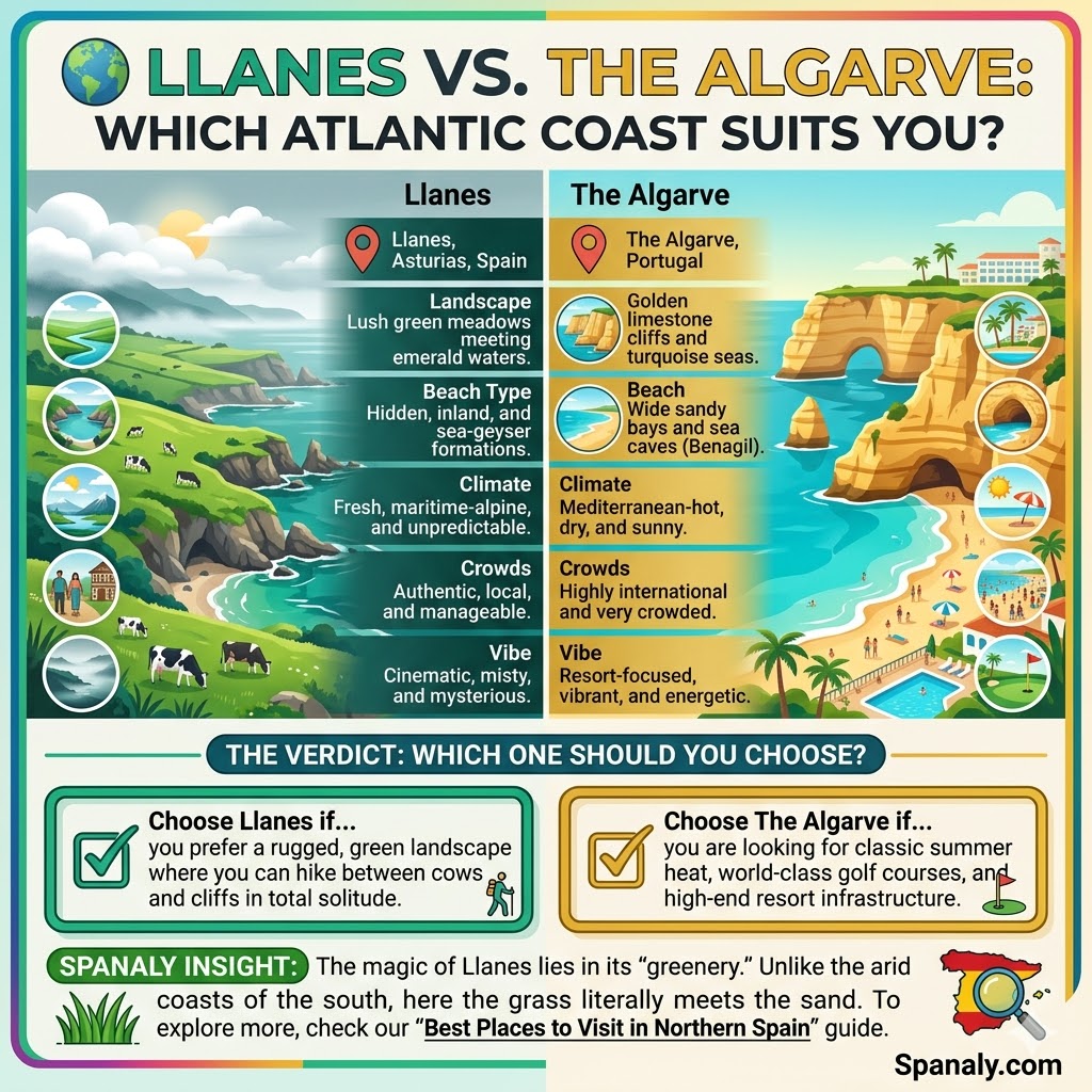 Comparison infographic between Llanes Spain and The Algarve Portugal showing landscape, climate, and beach differences for Atlantic coast travel.