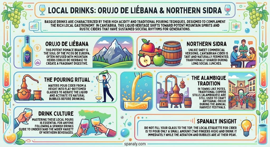 Infographic guide to Northern Spanish drinks featuring Orujo de Liébana and traditional Cantabrian Sidra pouring techniques.