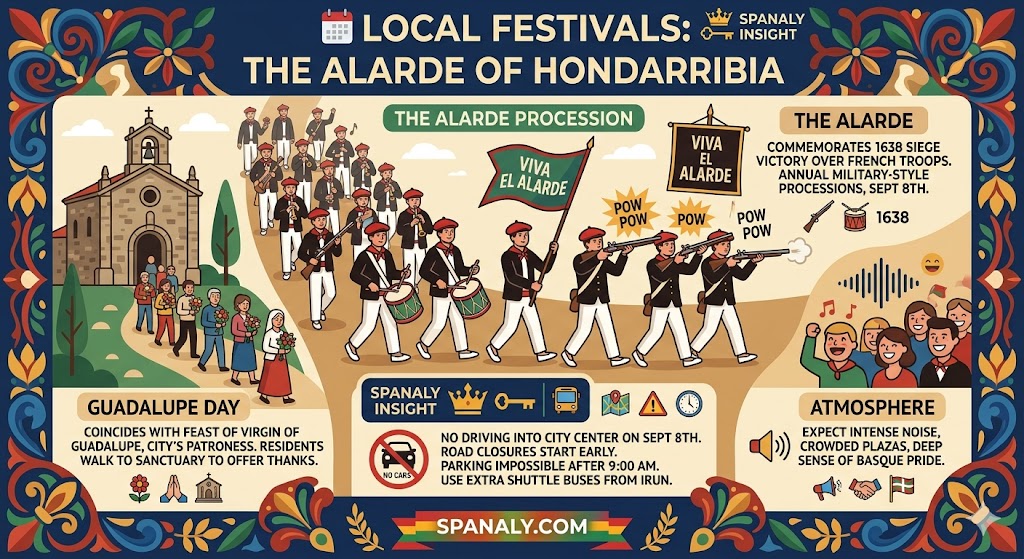 A colorful infographic about the Alarde of Hondarribia festival, showing the military-style procession with red berets, the pilgrimage to Guadalupe Sanctuary, and the vibrant Basque atmosphere. Includes a Spanaly Insight on road closures and shuttle bus advice from Irun.