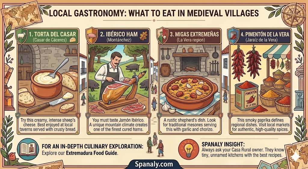 Infographic showcasing traditional food to eat in Extremadura's medieval villages, featuring Torta del Casar, Ibérico Ham, Migas Extremeñas, and Pimentón de la Vera.