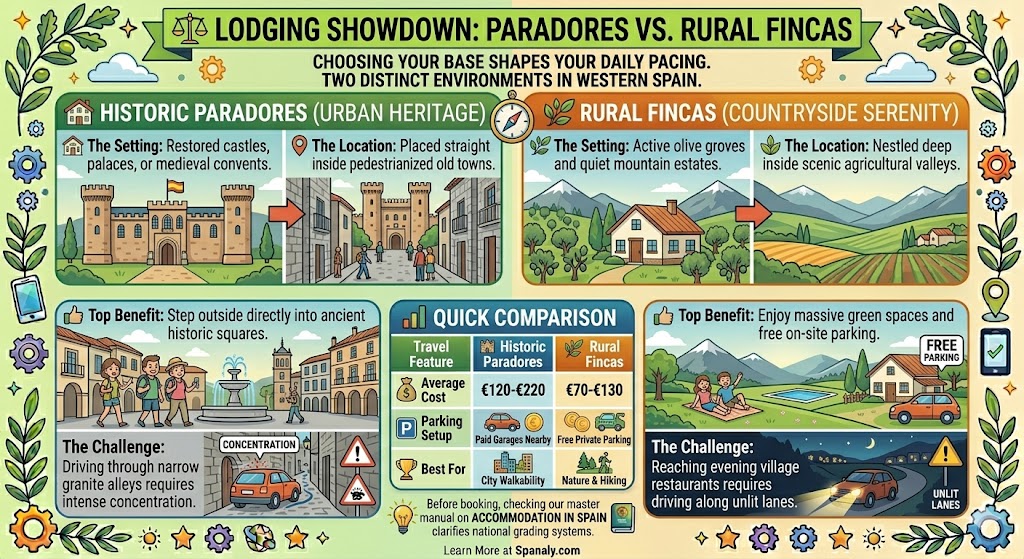 Infographic comparing Extremadura lodging options between historic paradores and rural fincas, featuring costs, parking setups, benefits, and challenges.