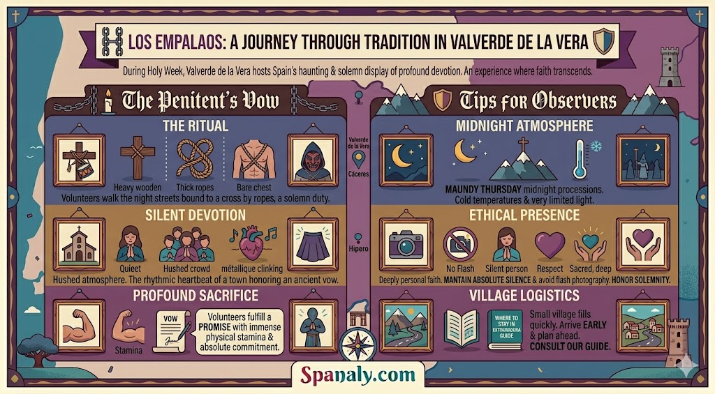 Infographic guide detailing the solemn Los Empalaos tradition in Valverde de la Vera during Holy Week, featuring the penitent's vow ritual, silent devotion, and essential logistics and tips for respectful observers.