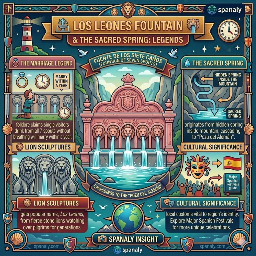 Infographic of Los Leones Fountain in Covadonga Asturias showing the Seven Spouts legend and the sacred mountain spring water.
