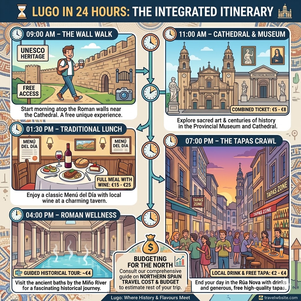 Detailed travel infographic for a 24-hour itinerary in Lugo, Spain, featuring Roman walls, Santa María Cathedral, traditional lunch with wine prices, ancient Roman baths, and a high-quality free tapas crawl in Zona de Vinos.