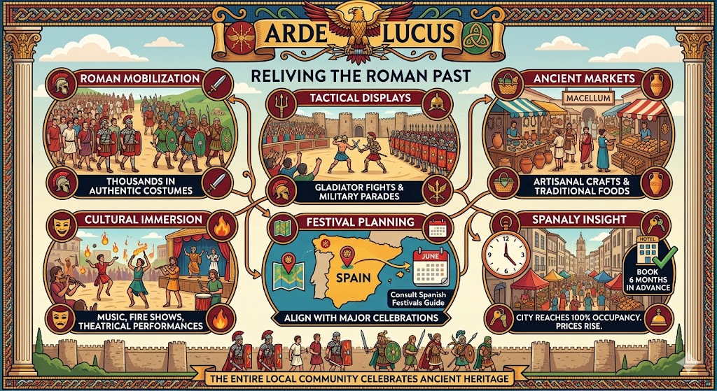 Detailed infographic about the Arde Lucus festival in Lugo, Spain, showcasing Roman and Celtic historical reenactments, gladiator fights, and ancient markets.