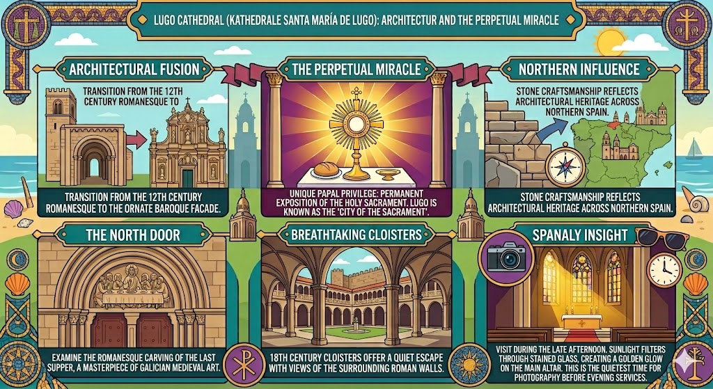 Vibrant infographic of Lugo Cathedral in Spain, highlighting its Romanesque-Baroque architecture, the Perpetual Miracle of the Holy Sacrament, and the North Door.