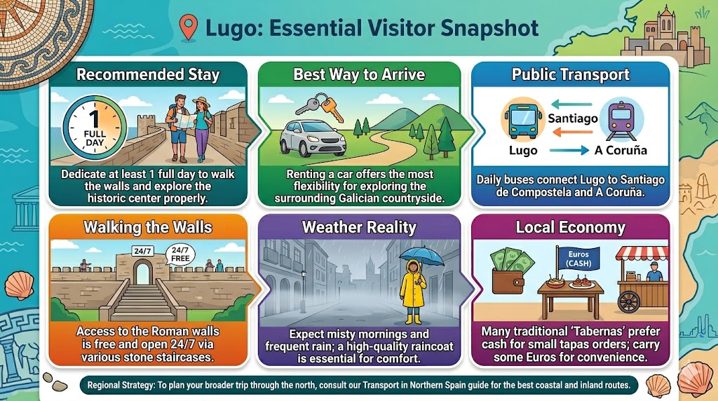 A detailed travel infographic guide for Lugo, Spain, showcasing essential visitor tips including recommended stay, transport options, walking the Roman walls, weather advice, and local economy tips for Spanaly.com.