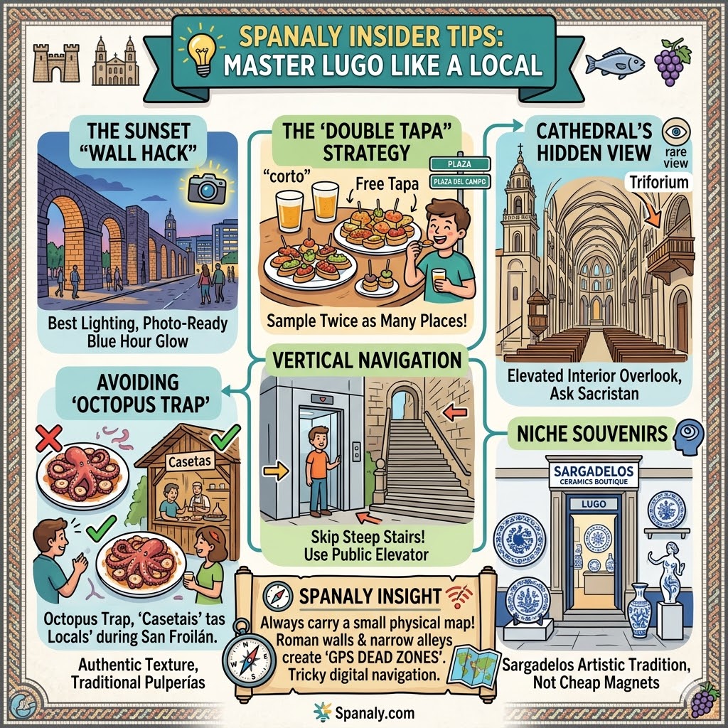 Detailed travel infographic for Lugo, Spain, featuring expert insider tips like the sunset Wall Hack at A Mosquera, the Double Tapa strategy, authentic octopus casetas, and GPS dead zones due to ancient Roman walls.