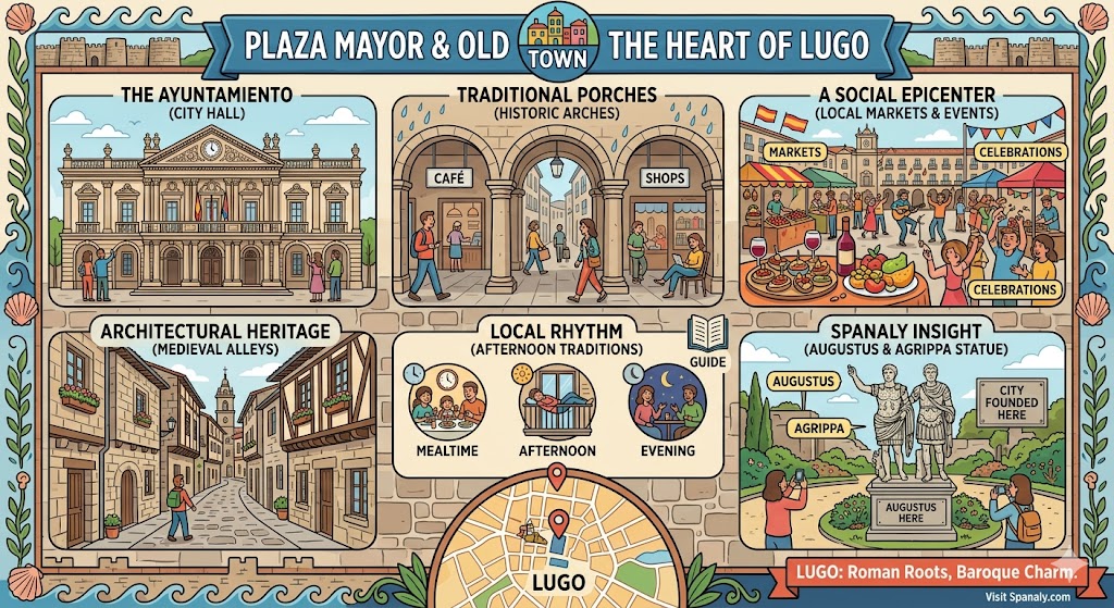 Vibrant infographic of Plaza Mayor in Lugo, Spain, featuring the Baroque Ayuntamiento, traditional stone arches, medieval alleys, and the statue of Augustus and Agrippa.