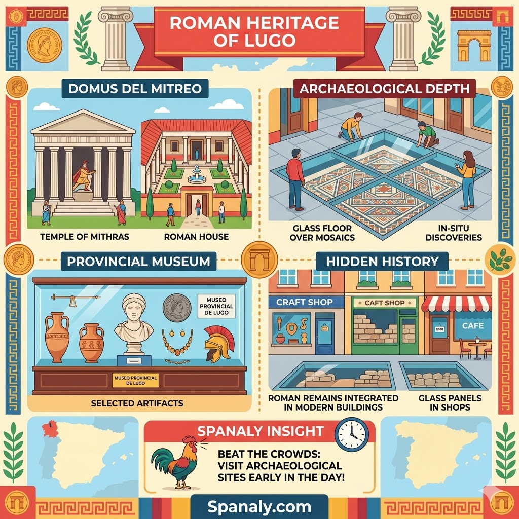 Educational infographic showcasing the Roman heritage of Lugo, Spain, featuring the Domus del Mitreo, archaeological glass floors, and Roman artifacts in the Provincial Museum.