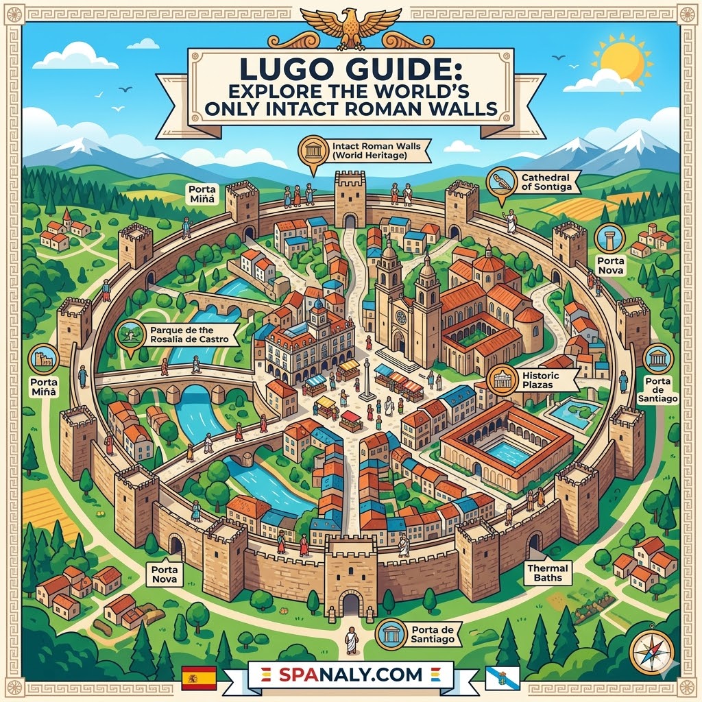 Epic infographic map illustrating the ancient Roman walls of Lugo, Spain, with major landmarks like the cathedral, thermal baths, and gates for Spanaly.com.