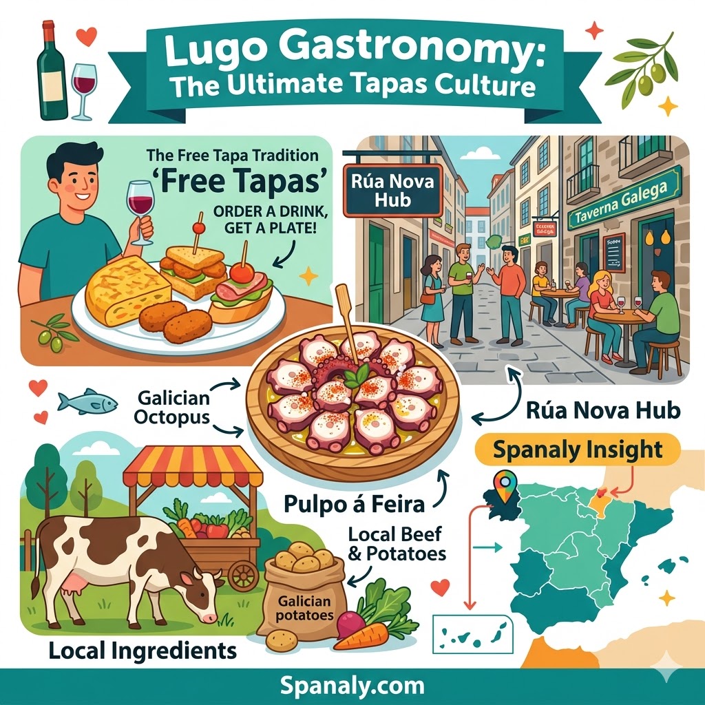 Vibrant travel infographic about Lugo's gastronomy, featuring the free tapas tradition, Rúa Nova taverns, Galician octopus (Pulpo á Feira), and high-quality local beef.
