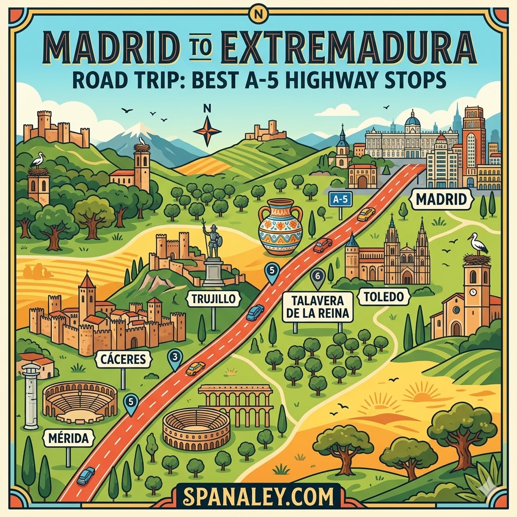 Colorful map illustration showing the scenic A-5 highway road trip route from Madrid to Extremadura with iconic landmarks.
