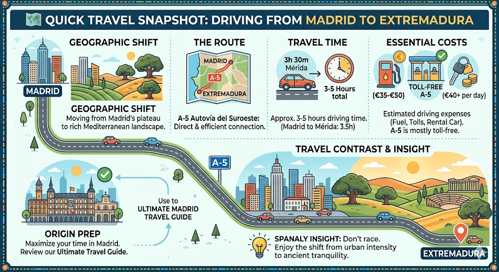 Infographic showing travel details for a road trip from Madrid to Extremadura via the A-5 highway, including travel time, costs, and route overview.